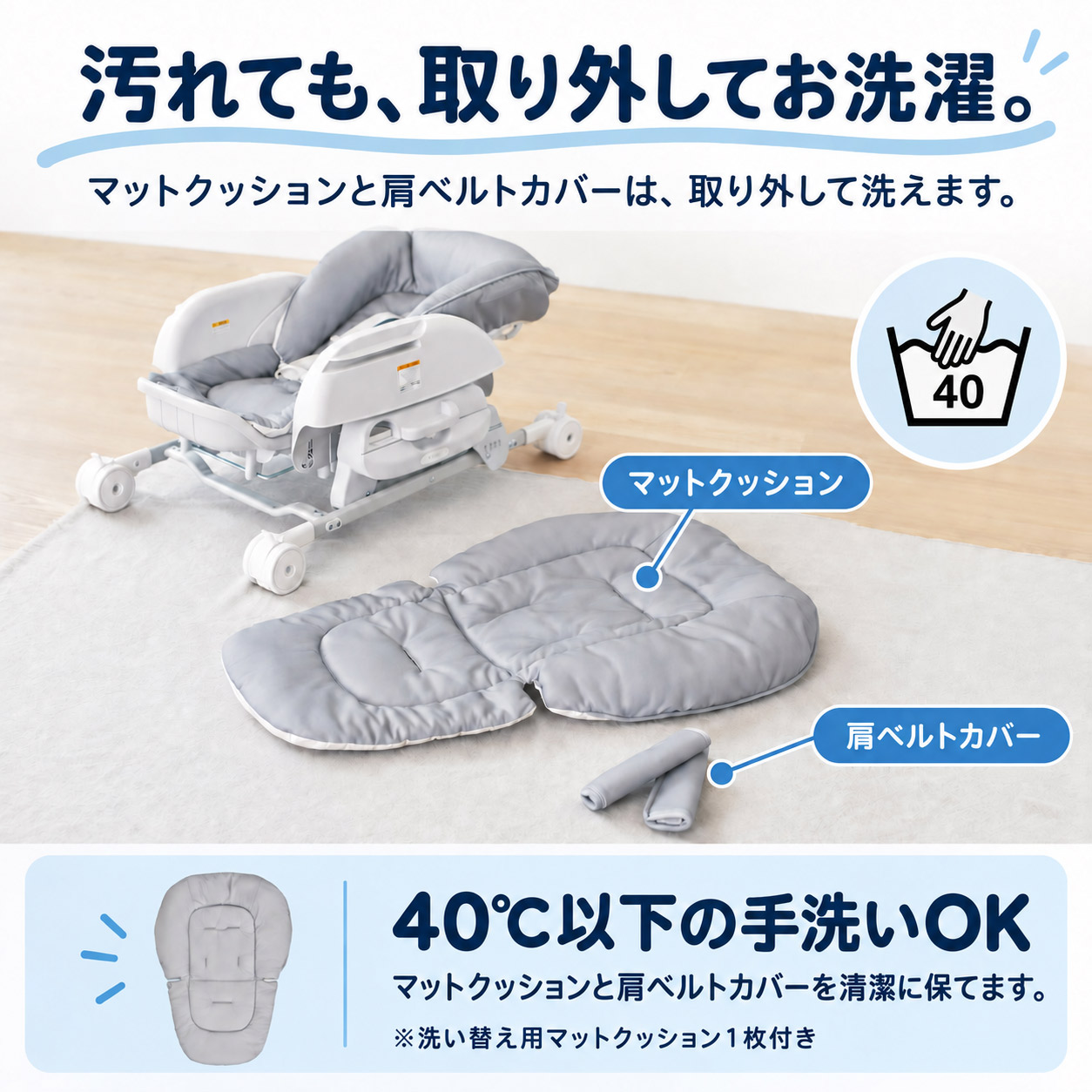 取り外して40度以下で手洗いできるマットクッションと肩ベルトカバー