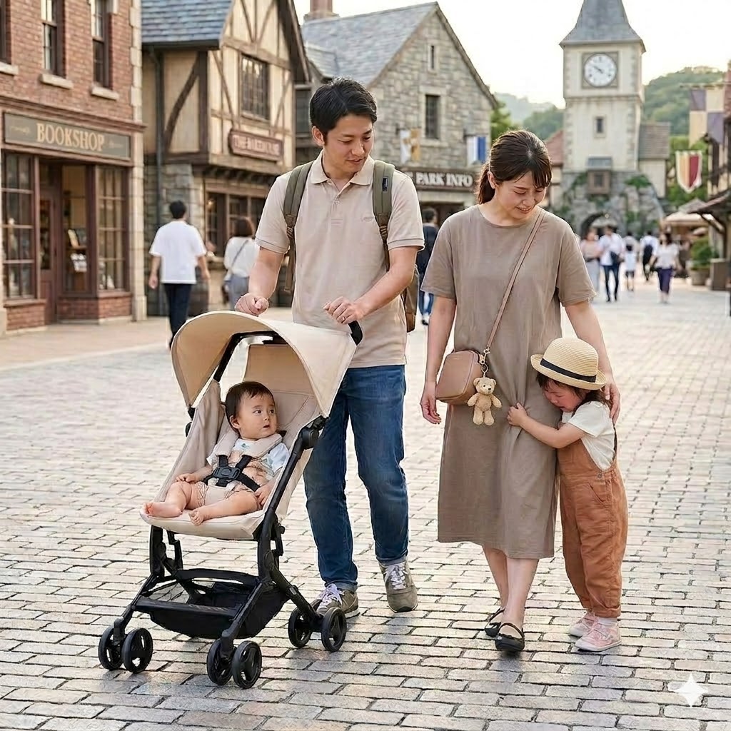 上の子が歩き疲れて抱っこを求めるお出かけシーン