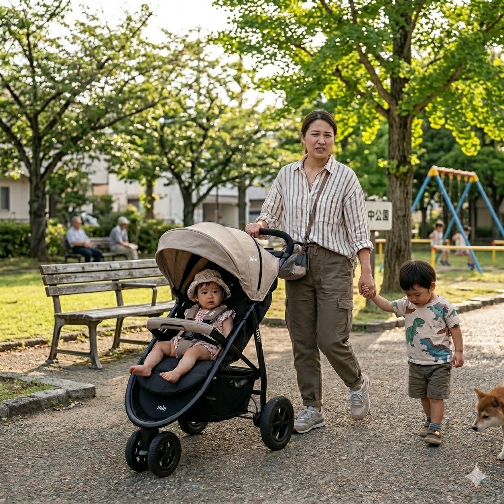ベビーカーを押しながら上の子と手をつなぐお出かけシーン