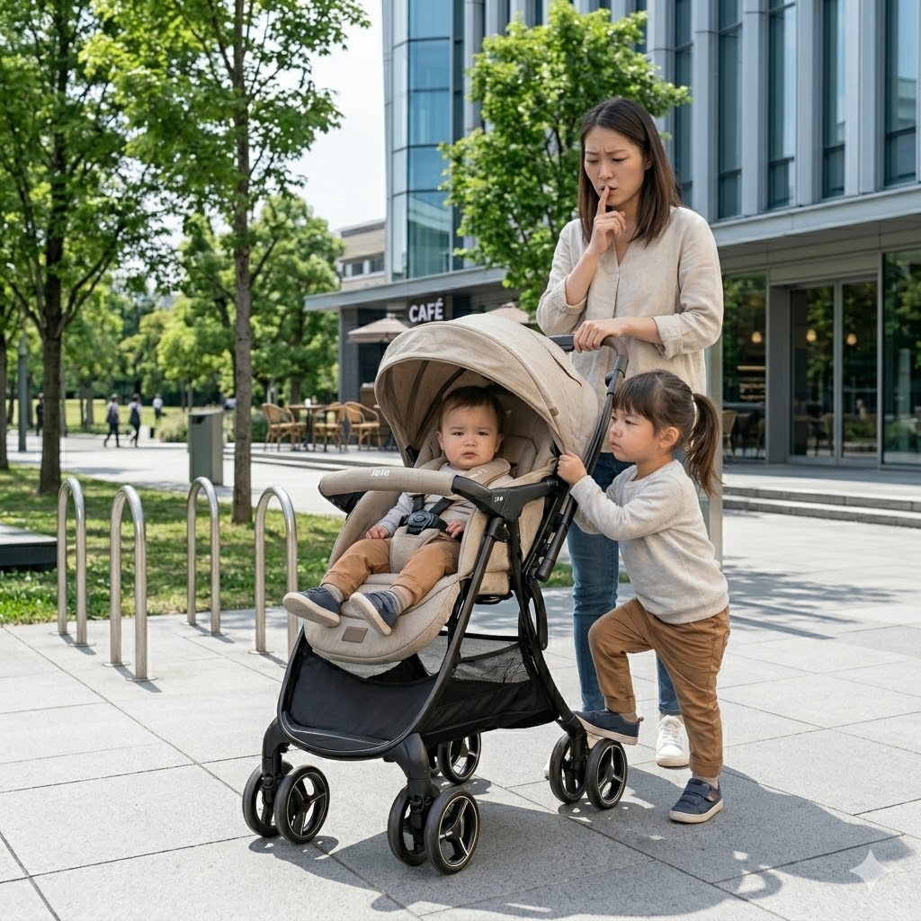 わたしも乗りたいと、きょうだいで順番待ちになるお出かけシーン